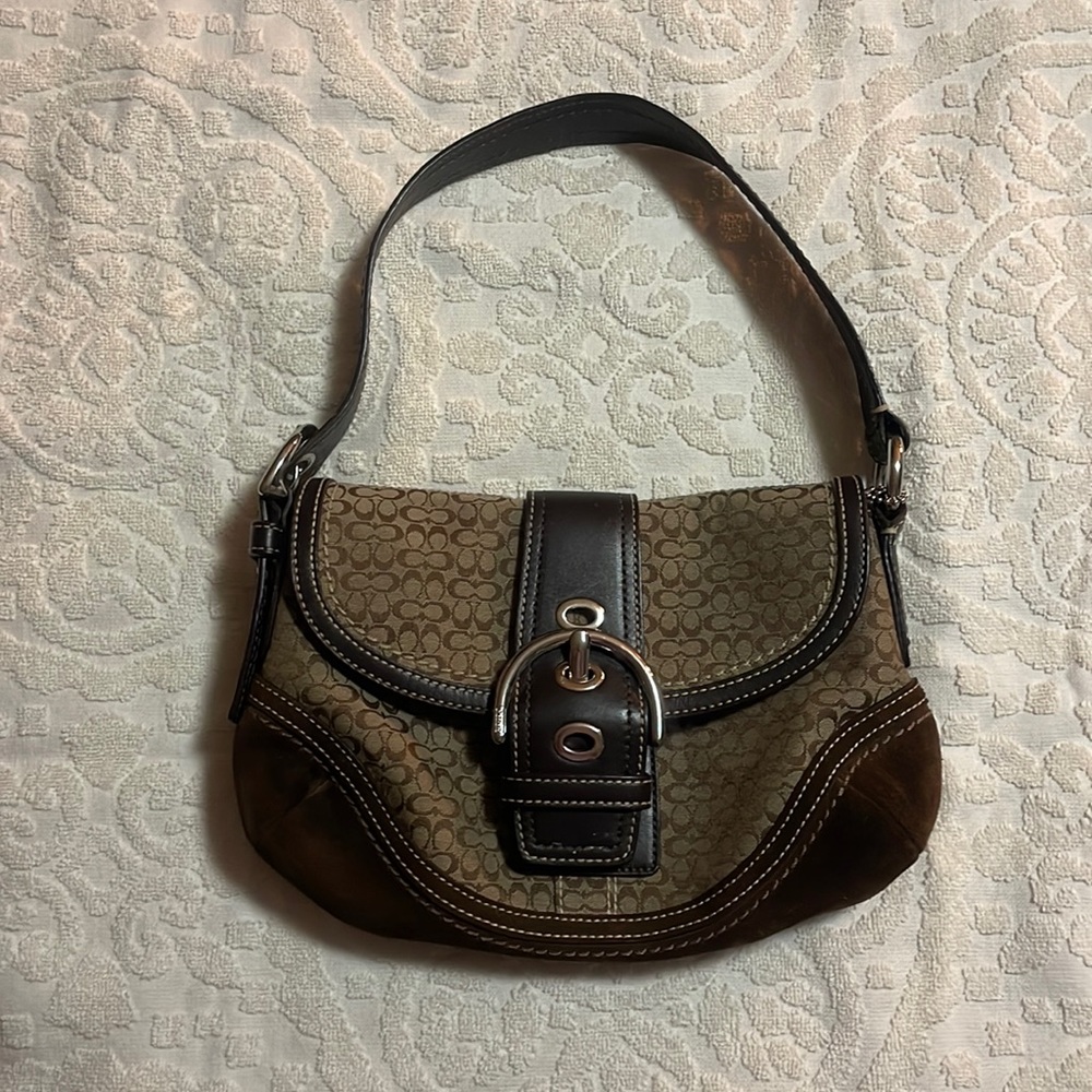 Vintage Coach Brown Signature Jacquard Suede & Leather Soho Hobo Buckle Bag
